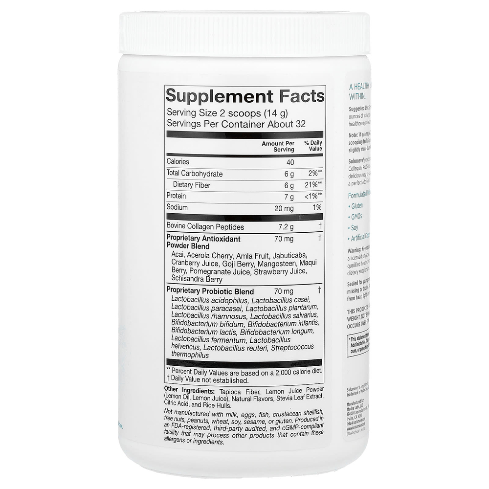 Solumeve, смесь для приготовления напитка с коллагеном, пробиотиками и суперфруктами, со вкусом клубничного лимонада, 454 г (16 унций)