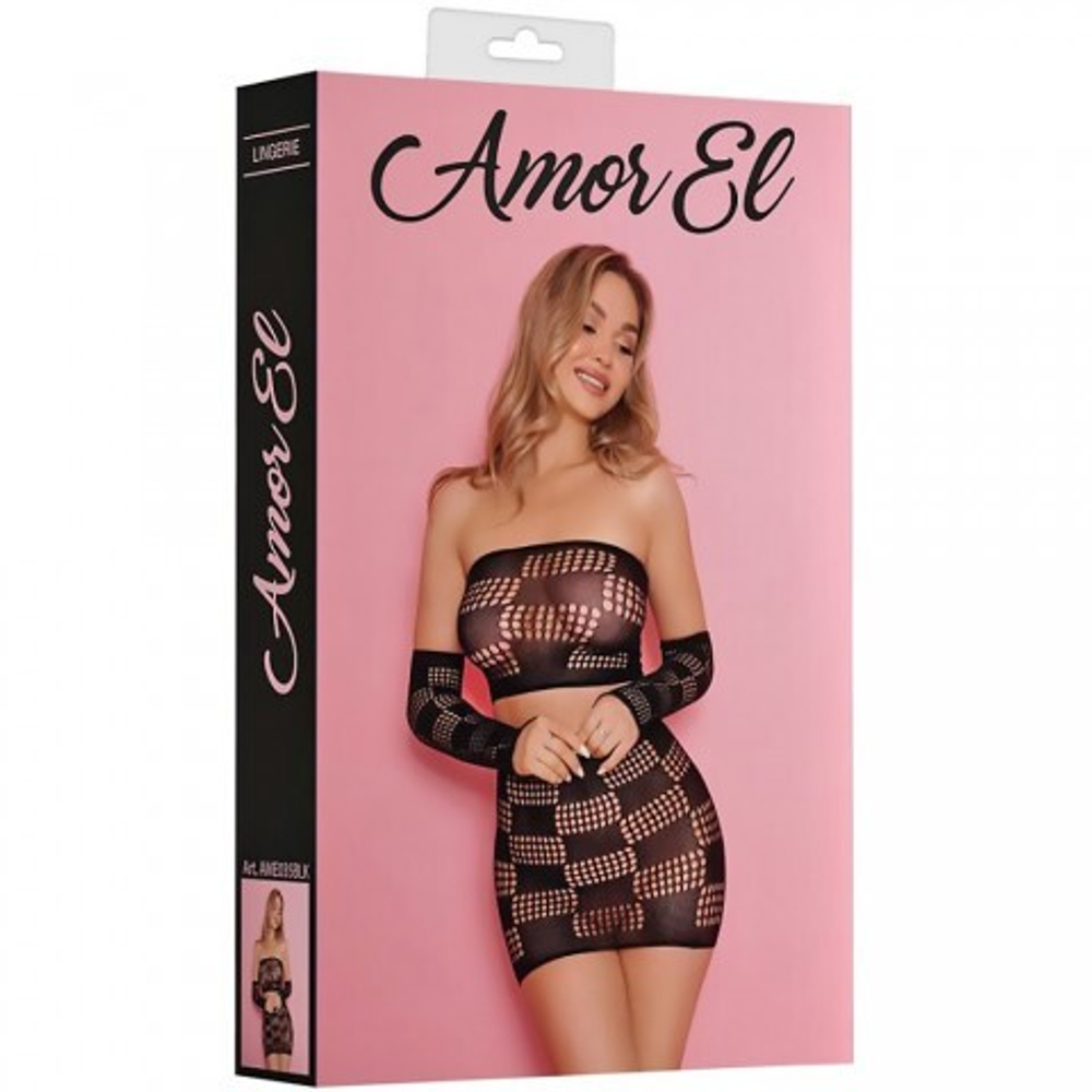 Комплект эротический Amor El, топ, юбка и рукава с квадратным узором, S/L