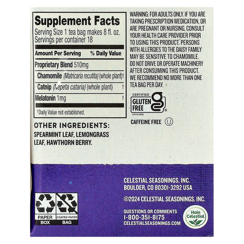 Celestial Seasonings, Sleepytime, чай с мелатонином, без кофеина, 18 чайных пакетиков, 21 г (0,75 унции)