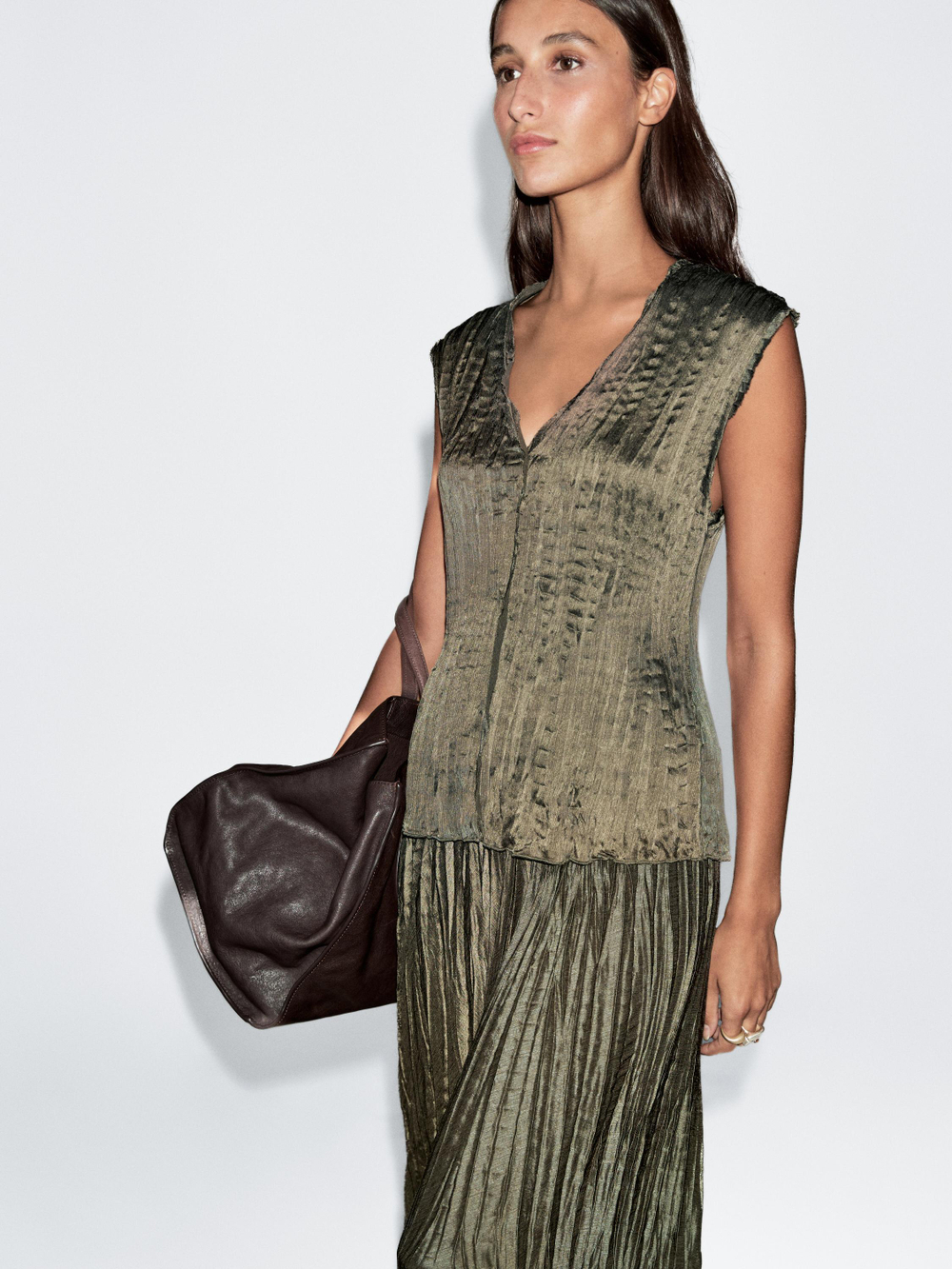 Massimo Dutti Плиссированная юбка миди, оливковый