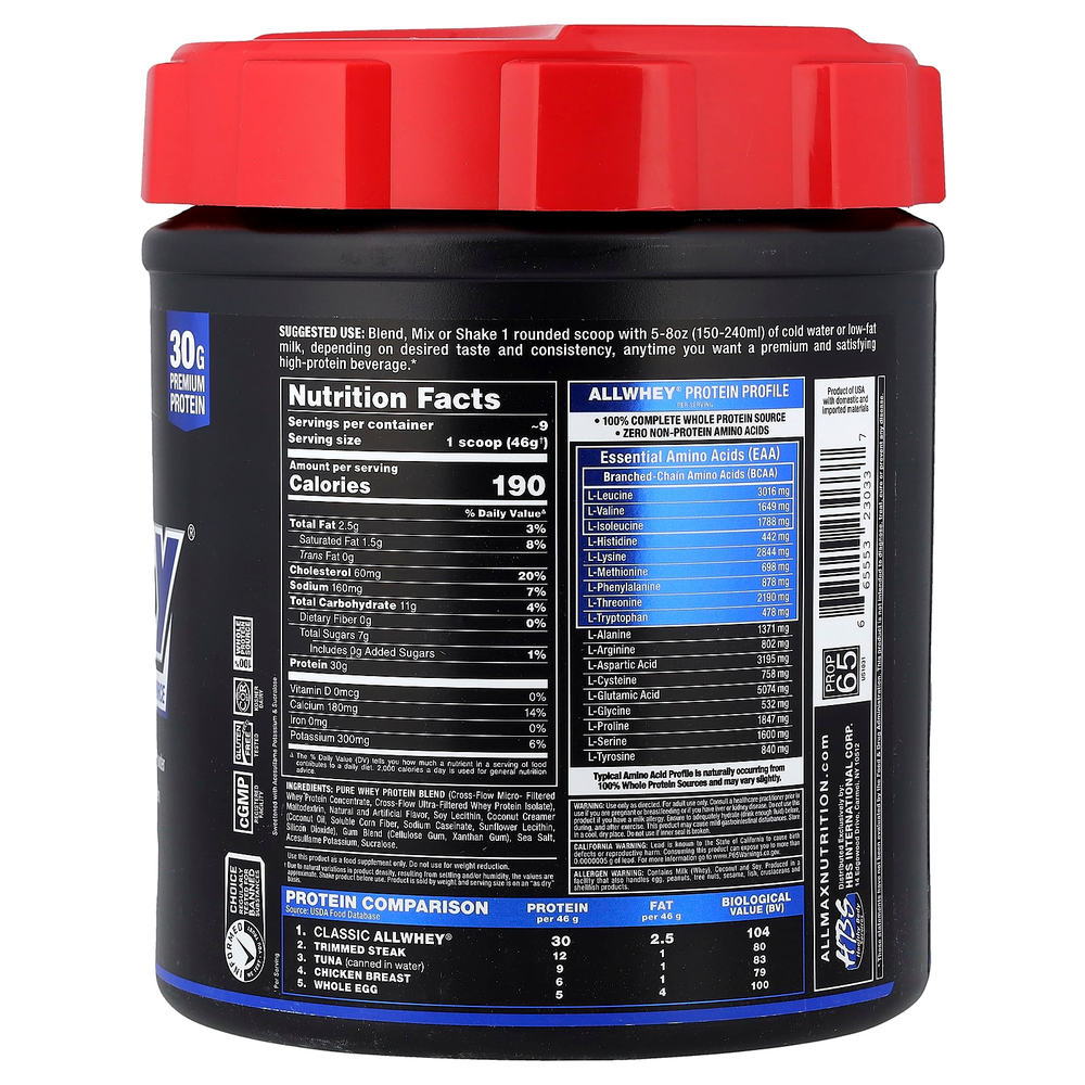 ALLMAX, CLASSIC ALLWHEY®, 100% источник сывороточного протеина, со вкусом ванили, 425 г (0,9 фунта)