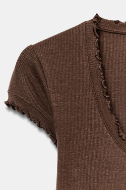 ZARA ФУТБОЛКА ИЗ СМЕСОВОГО ЛЬНА С КОРОТКИМИ РУКАВАМИ, КОРИЧНЕВЫЙ