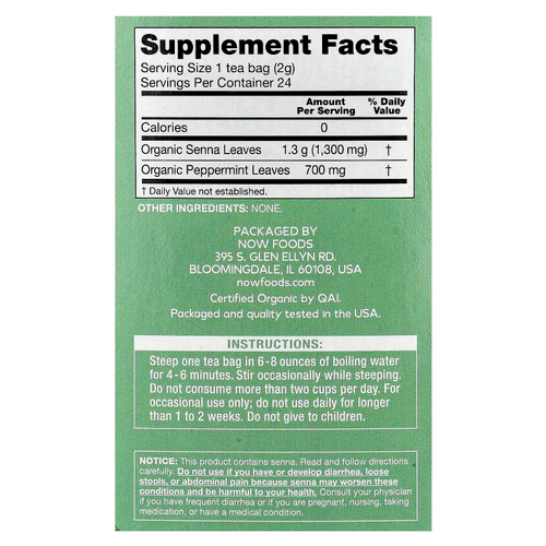 NOW Foods, органический чай из сенны и мяты, без кофеина, 24 чайных пакетика, 48 г (1,7 унции)