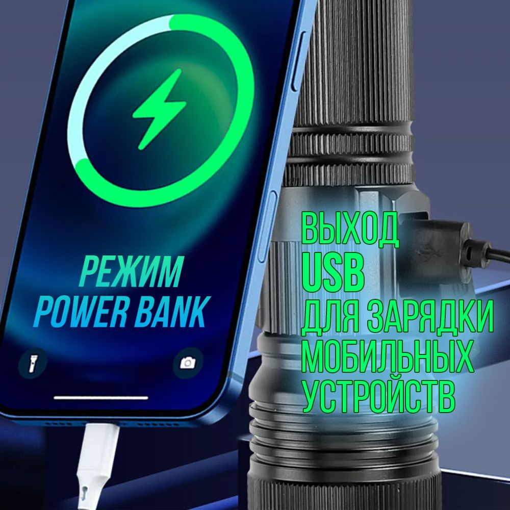 Фонарь ручной аккумуляторный Power bank Магнит диод PМ10TG,СОВ