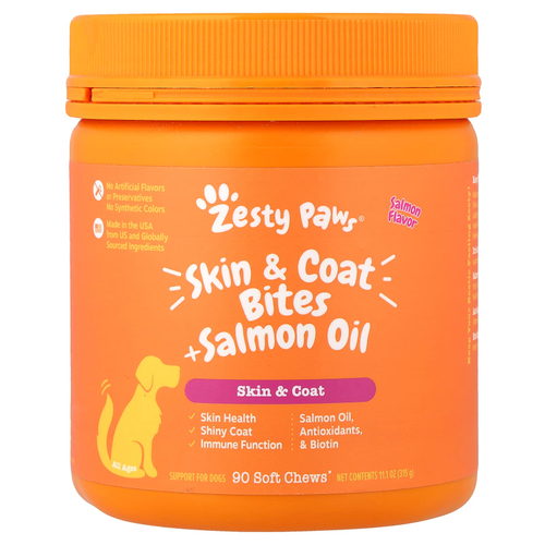 Zesty Paws, Skin & шерсти Bites + жир лосося, для собак всех возрастов, лосося, 90 мягких жевательных таблеток, 315 г (11,1 унции)
