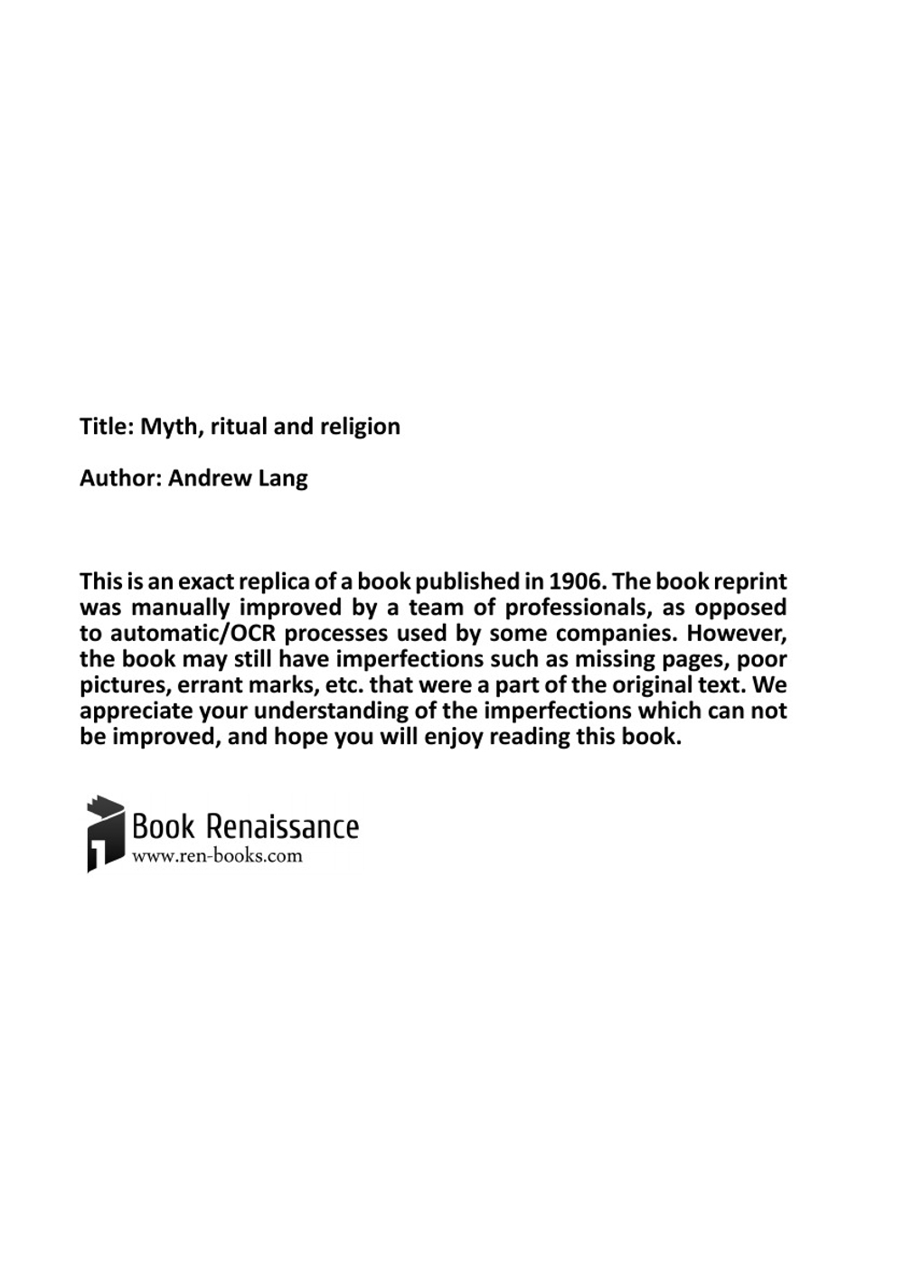 Myth, ritual and religion | Andrew Lang