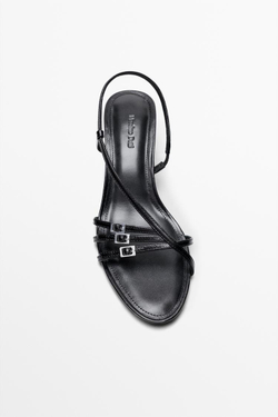 Massimo Dutti Кожаные сандалии на каблуке с пряжками, черный