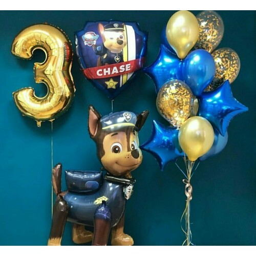 Композиция из шаров «Щенячий Патруль Чейз со Звёздами и Цифрой»