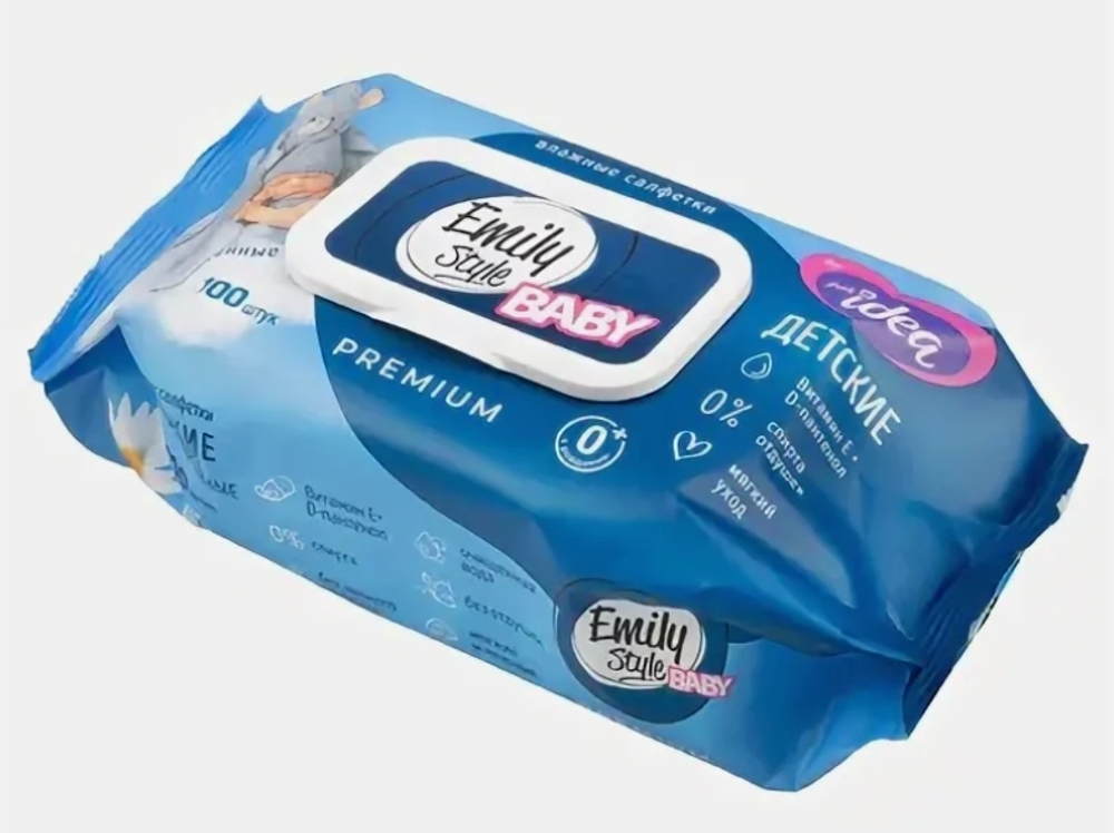 Emily Style ПРЕМИУМ влажные салфетки ДЕТСКИЕ гипоаллергенные без отдушки с крышкой 0+*зел/гол100шт(М