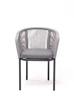 "Марсель" стул плетеный из роупа, каркас алюминий темно-серый (RAL7024) муар, роуп светло-серый круглый, ткань светло-серая