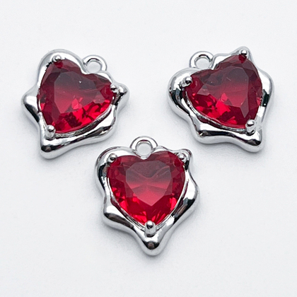 Подвеска Сердце, цвет серебро (родий) + красный, размер 13*10 мм, цена за 1 шт