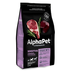 Сухой корм ALPHAPET Superpremium для взрослых собак средних пород с чувствительным пищеварением, с бараниной и потрошками - 2 кг