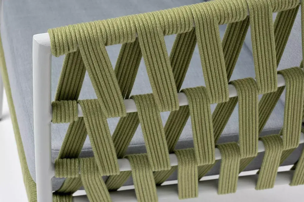 "Диего" кресло плетеное из роупа, каркас алюминий светло-серый (RAL7035) муар, роуп салатовый меланж круглый, ткань светло-серая