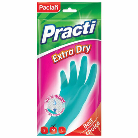 Перчатки МНОГОРАЗОВЫЕ резиновые PACLAN «Extra Dry», хлопчатобумажное напыление, 100% флок, размер M (средний), синие, вес 52 г, 7340