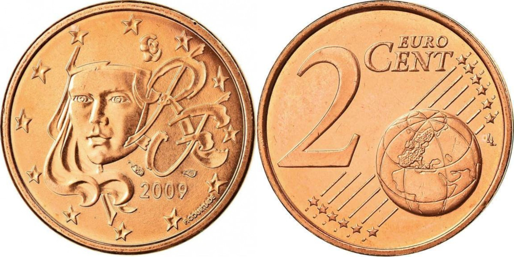 Франция 2 евроцента, 1999-2024 XF
