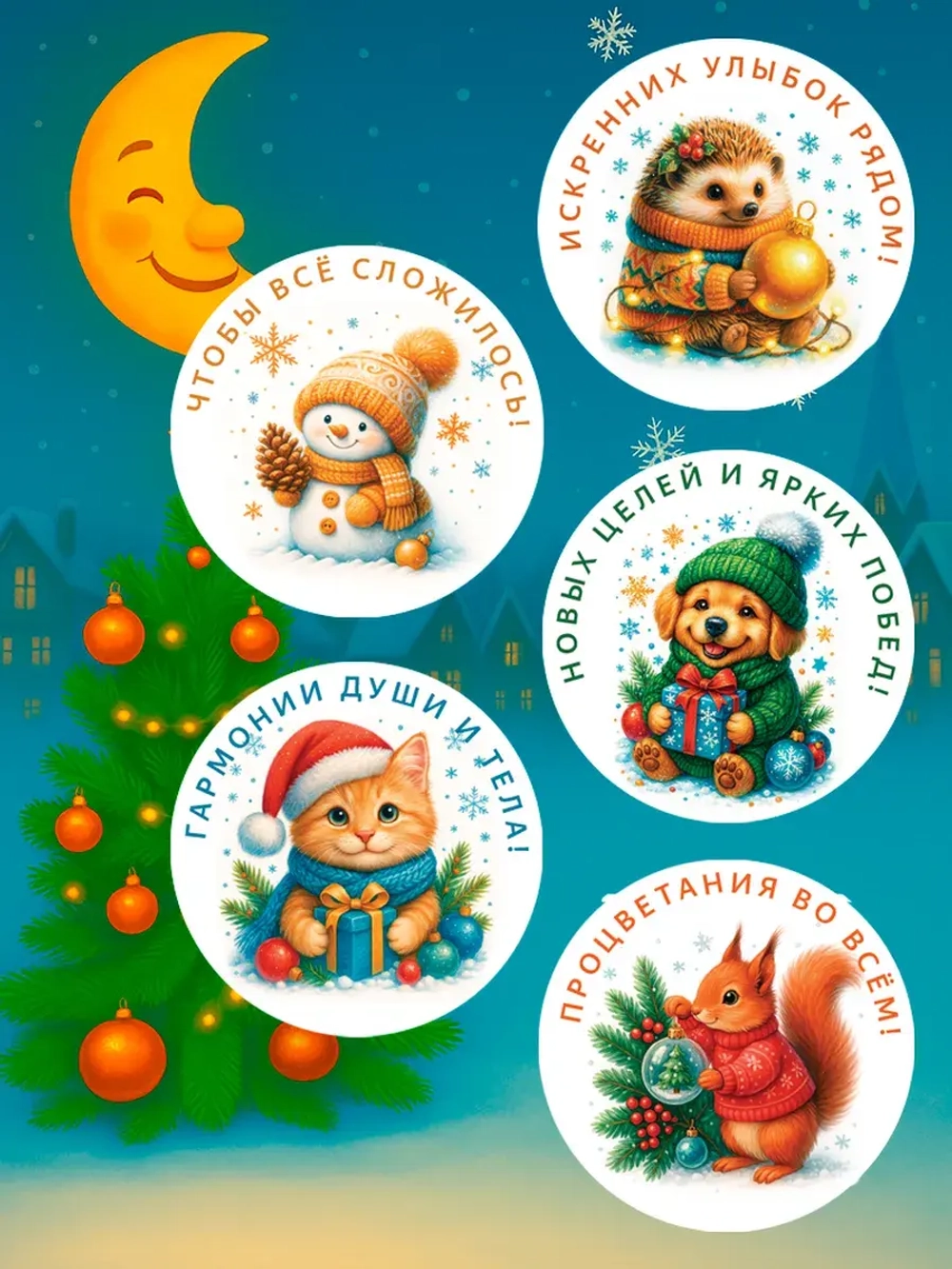 Набор новогодних стикеров 48 штук (65 мм)
