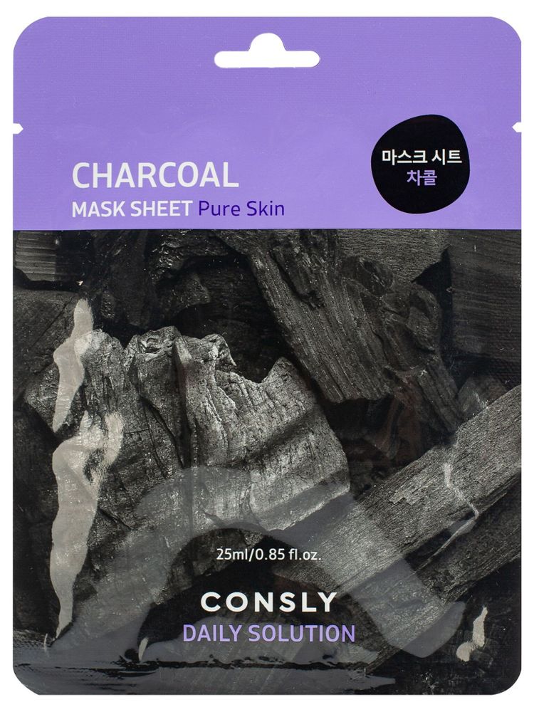 Consly Маска тканевая для лица с древесным углём - daily solution charcoal mask sheet, 25мл