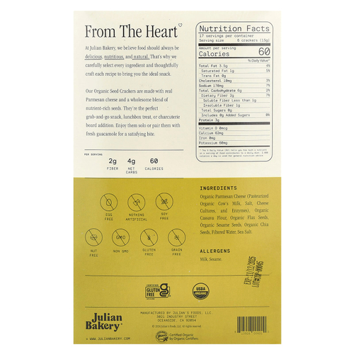 Julian Bakery, Органические крекеры, пармезан, 238 г (8,4 унции)