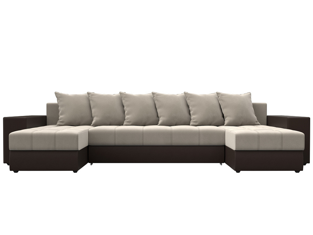 Диван П-образный Дубай полки справа, Бежевый\Коричневый, Микровельвет\Экокожа, 31510R