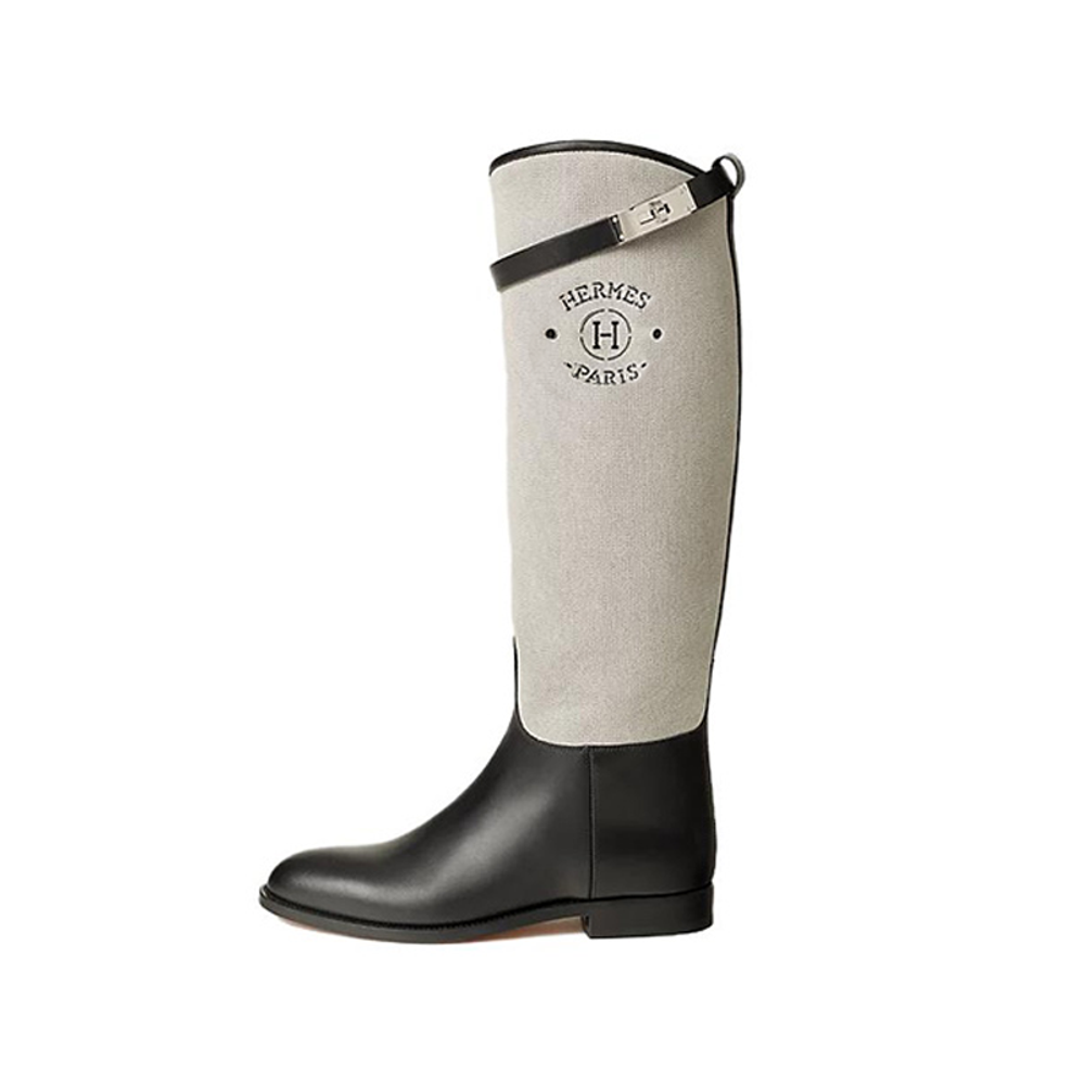 HERMES Jumping Leather Knee high Boots Women"s Black Gray