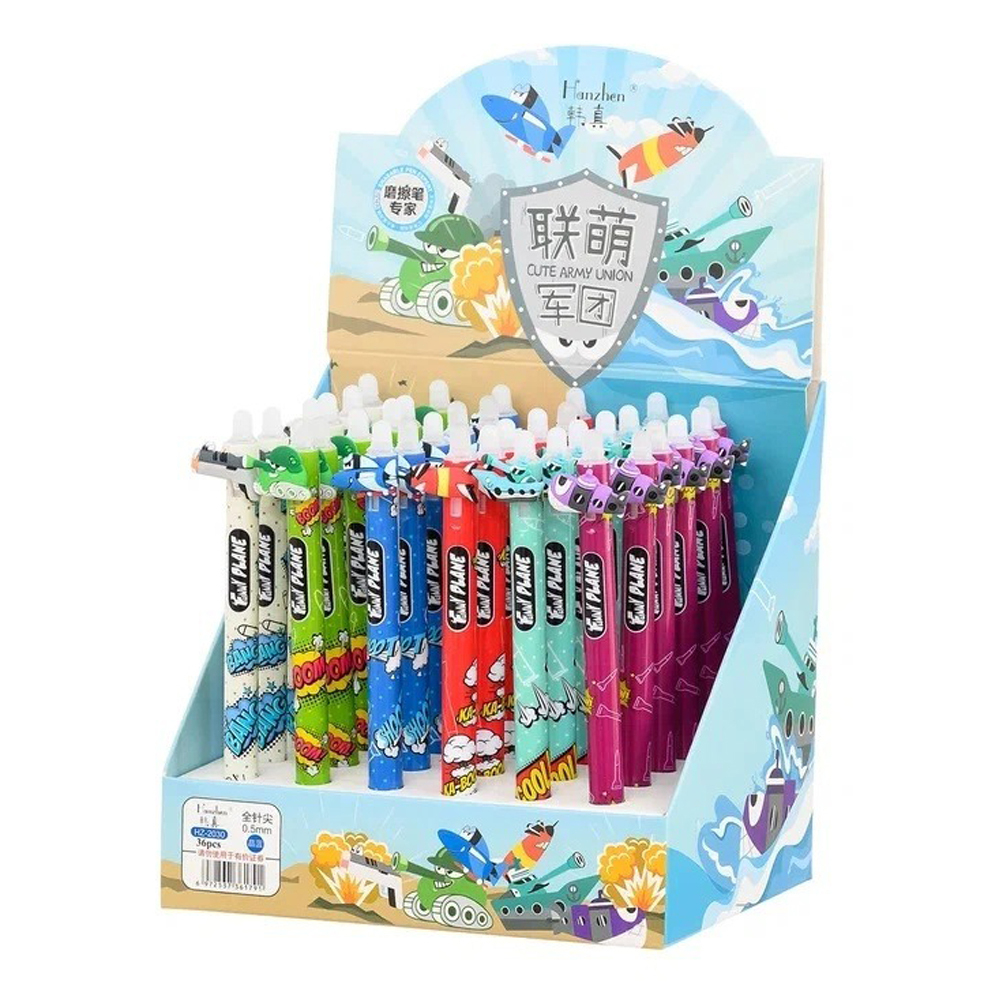 Ручка гелевая, пиши-стирай, автоматическая, Basir, синие чернила, серия "Игровая армия", цветной корпус с фигуркой, 36 шт