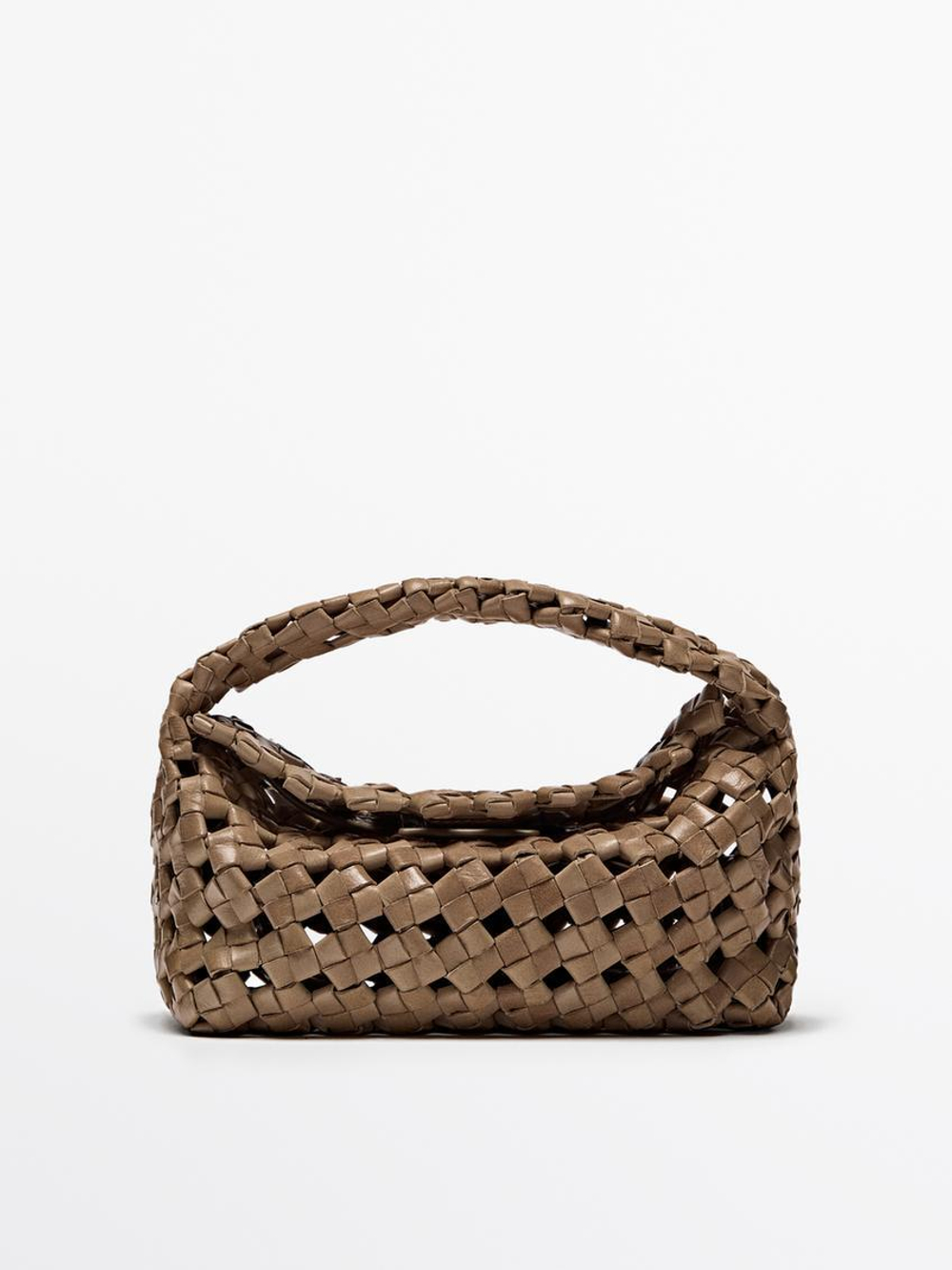 Massimo Dutti Плетеная мини-сумка из кожи наппа, песочный