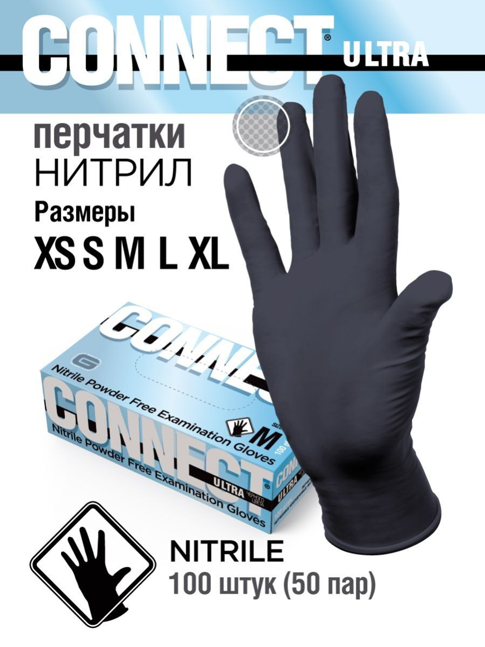 Перчатки Connect Ultra Nitrile Black нитриловые неопудренные черного цвета 100 шт