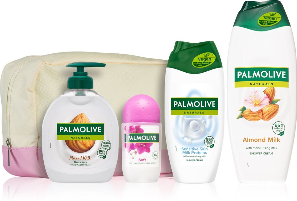 Palmolive shower milk 250 ml + creamy Shower gel with almond oil 500 ml + liquid hand soap with pump 300 ml + Soft Antiperspirant roll-on 50 ml + toiletry bag 1 pc Naturals Almond Bag