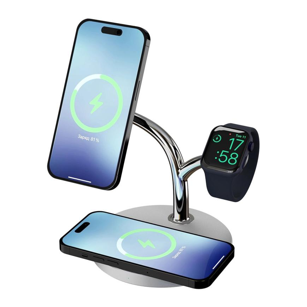 Зарядная станция MagSafe LYAMBDA Premium для iPhone, Apple Watch и AirPods (LWI12) Беспроводная зарядка: Qi 15 Вт, Qi 5 Вт, магнитное крепление для зарядки Apple Watch (Qi 2,5 Вт). Проводная зарядка: нет. Сертификация MFi
