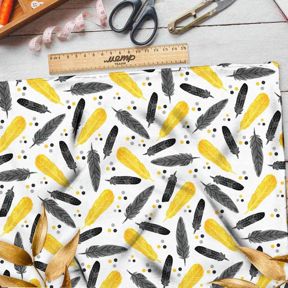 Ткань дюспо черно-желтые перья