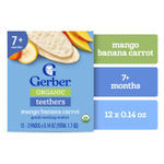 Gerber, органические прорезыватели, вафли для нежного прорезывания зубов, для детей от 7 месяцев, манго, банан и морковь, 12 пакетиков по 2 шт. в индивидуальной упаковке по 4 г (0,14 унции)