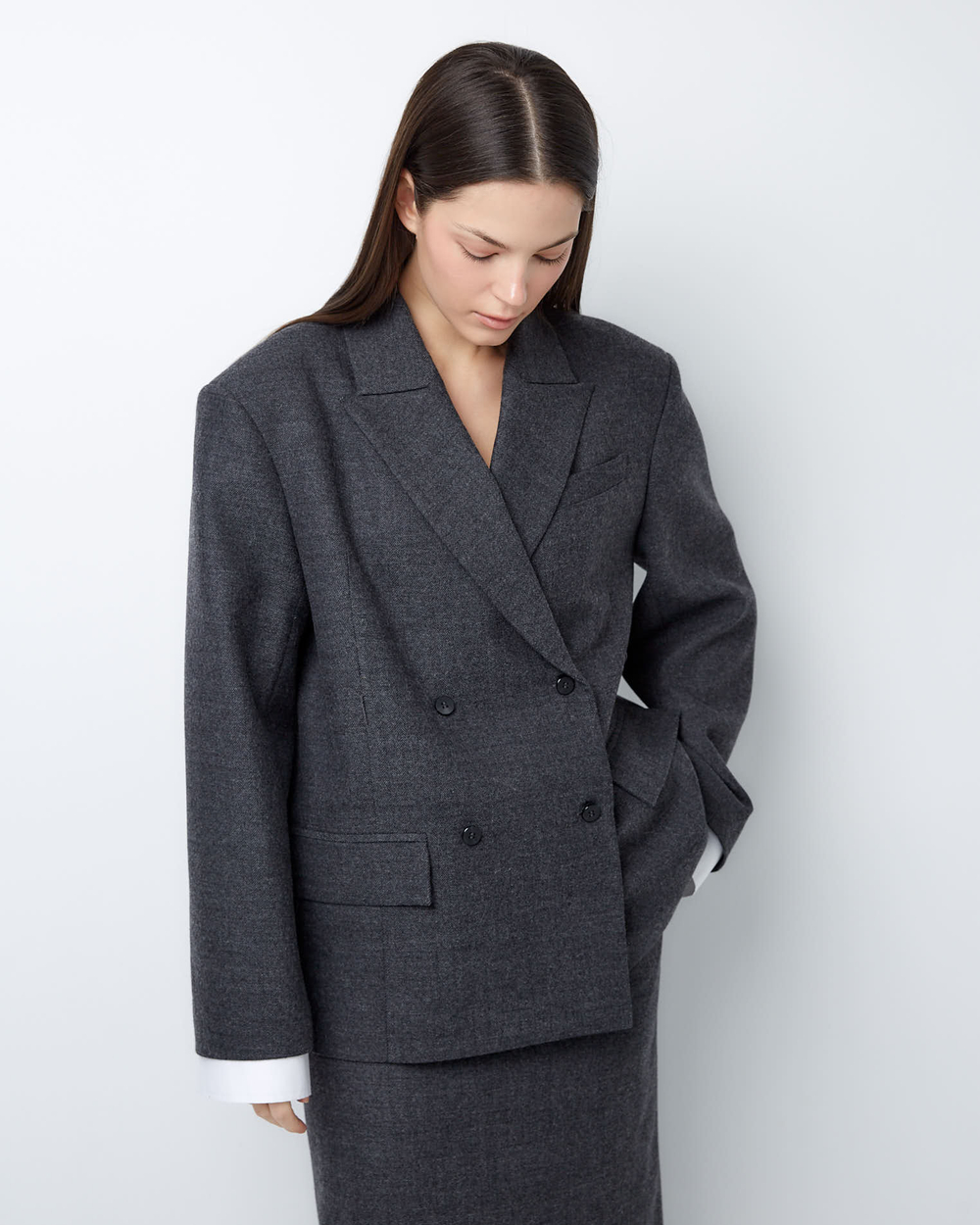 Жакет двубортный с дополнительными петлями из тонкой шерсти елочка серый