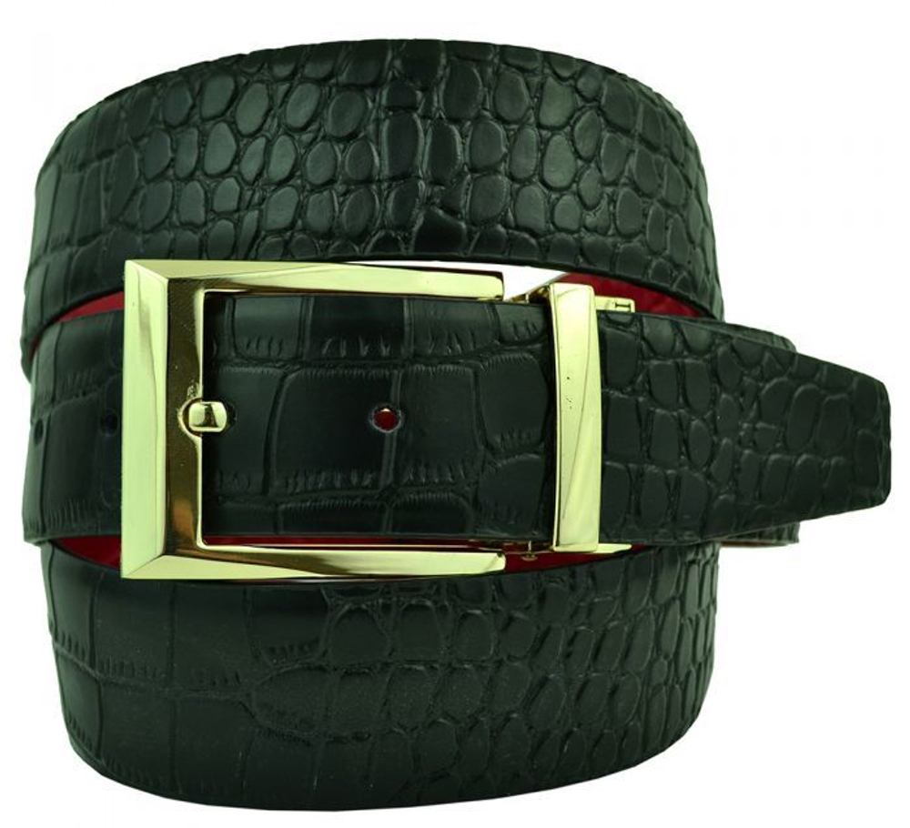 Ремень мужской брендовый джинсовый перевёртыш двусторонний 2в1 чёрный и красный кожаный под крокодила 40 мм с жёлтой золотистой пряжкой Zilli 40Zilli-sale-010