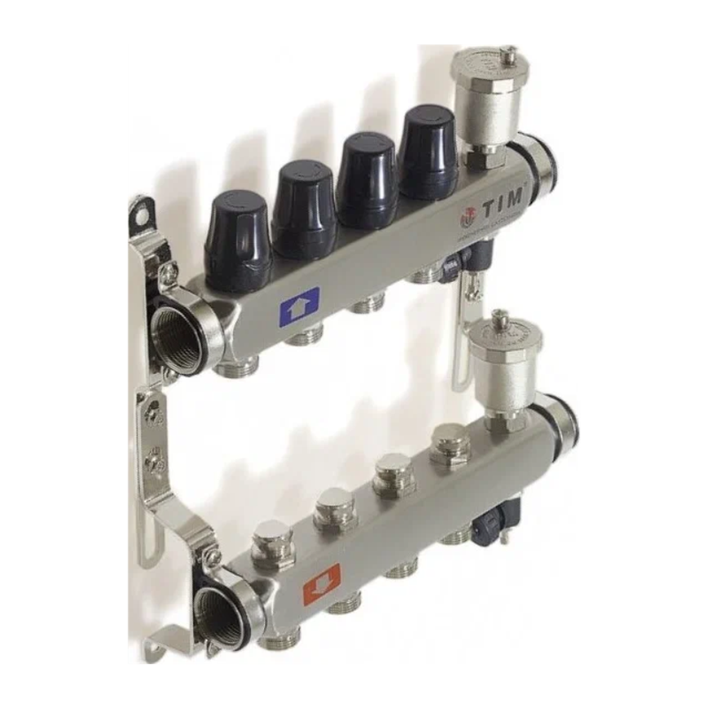 Коллектор из нержавеющей стали для отопления без расходомеров TIM 1" - 3/4" Евроконус - 4 выхода