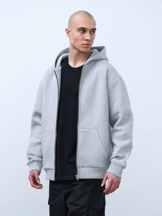 Худи оверсайз на молнии с начёсом (серый-меланж)