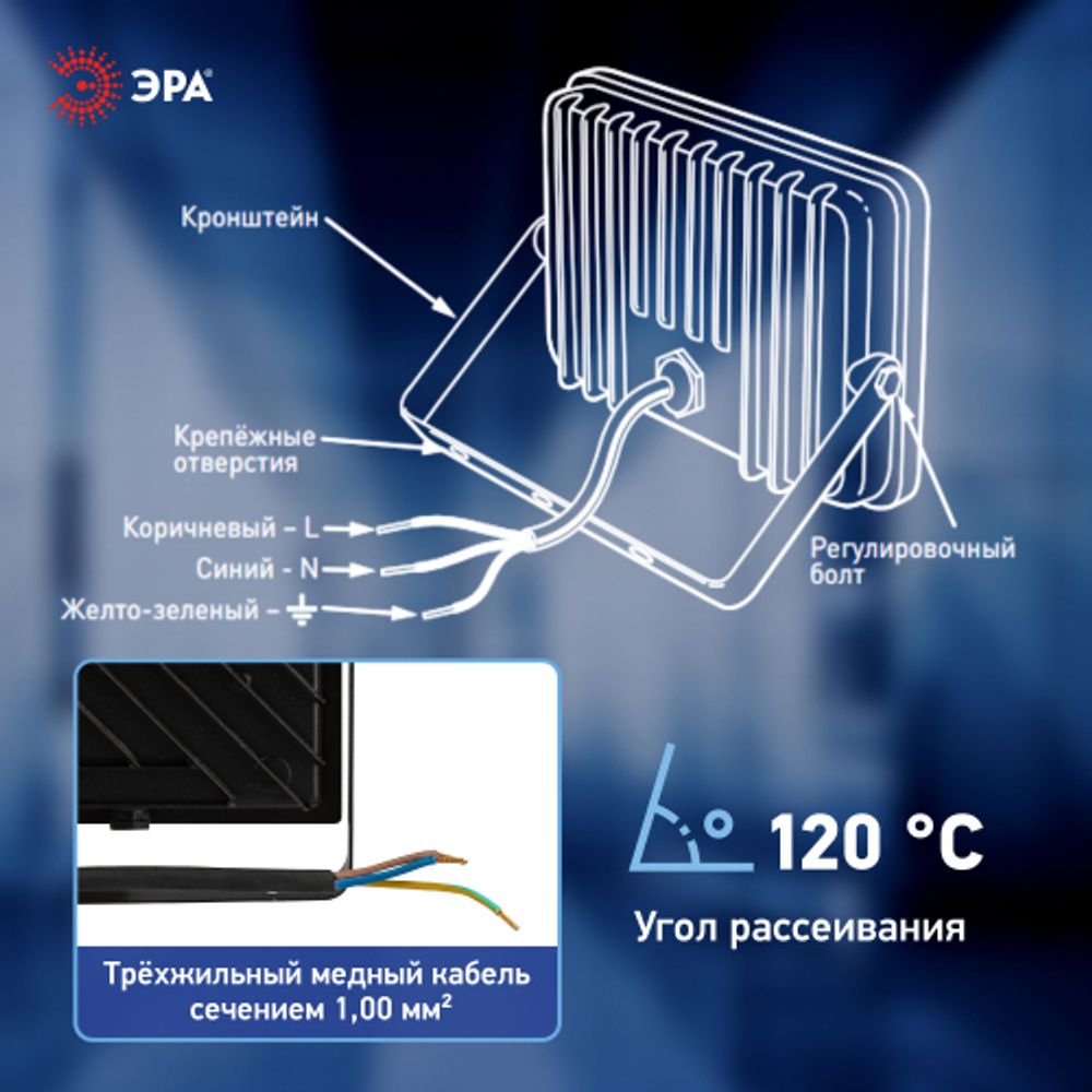 Прожектор светодиодный уличный ЭРА PRO LPR-062-0-65K-070 70Вт 7000лм 6500K КСС Д 120° 3 года IP65 черный призма | Прожекторы PRO