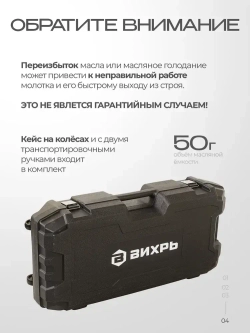 Отбойный молоток электрический ОМ-2200 Вихрь - 1750 Вт, 2200 уд/мин, в кейсе на колесах, пика и долото в комплекте, смазка, запасные щетки