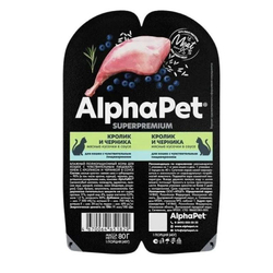 Консервы ALPHAPET Superpremium для кошек c чувствительным пищеварением, с кроликом и черникой (кусочки в соусе) - 80 гр