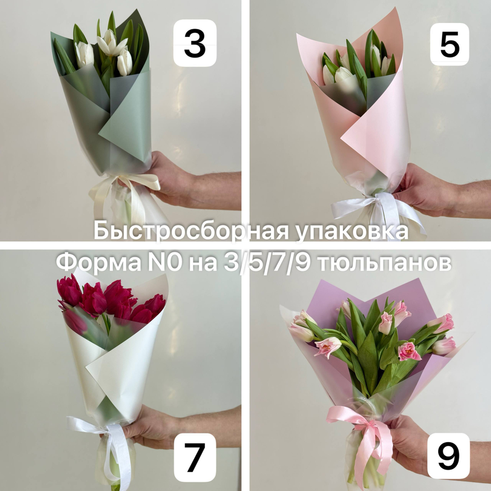 Быстросборная упаковка в пленке. НАБОР  Форма № 0  под 3/5/7/9 тюльпанов. Кол-во 40 шт. Цвет: прозрачная матовая с ЦВЕТНОЙ (белый, розовый, фисташковый, сиреневый)