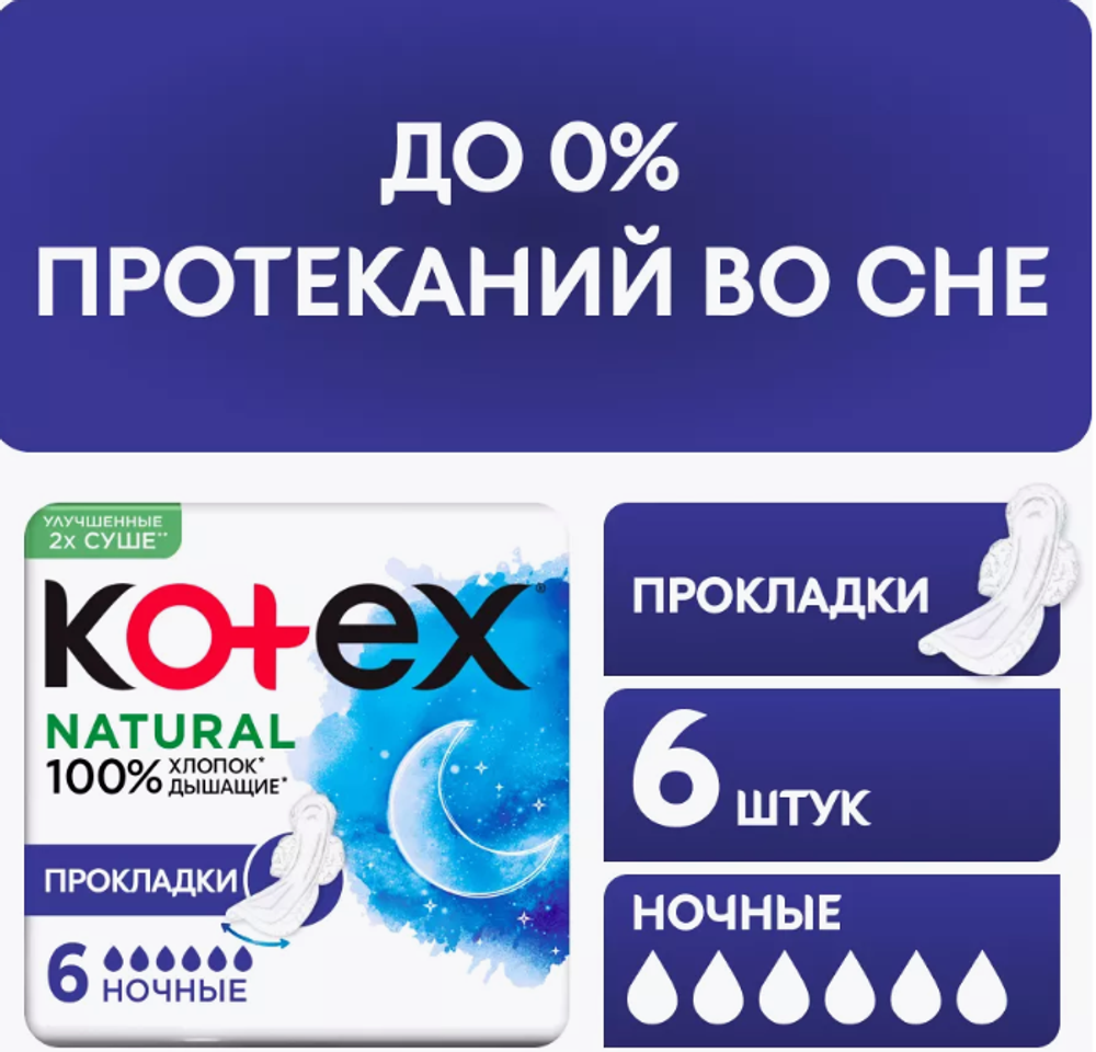 КОТЕКС прокладки Нэчурал 6шт. Ночные