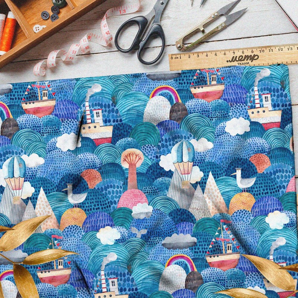 Ткань дюспо морские детские корабли и горы