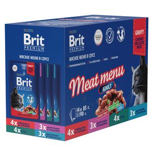 Набор паучей для кошек Brit Premium, Мясное меню в соусе, 14 шт х 85г