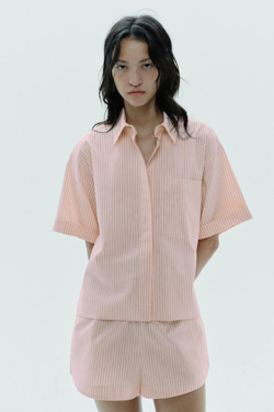 ZARA РУБАШКА ИЗ ПОПЛИНА С КАРМАНОМ, ПЕРСИКОВЫЙ