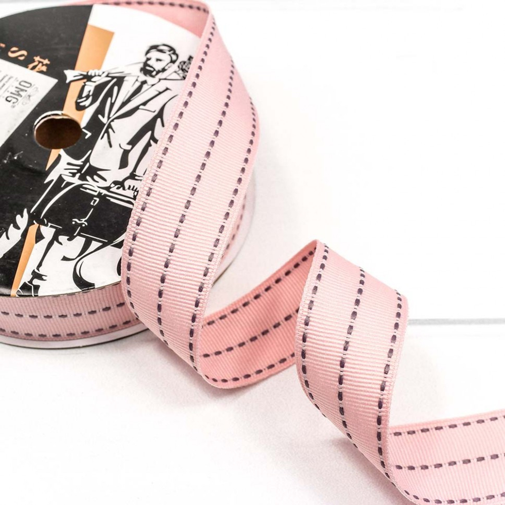 Лента Полиэстер 2,6см х 22м в пунктирную полоску (Розовый)