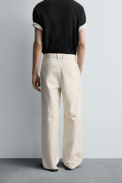 ZARA БРЮКИ REGULAR FIT С КАРМАНАМИ, ЖЕЛТОВАТО-БЕЛЫЙ