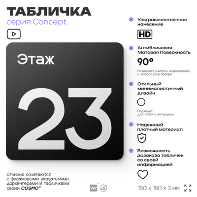 Табличка Этаж 23, на дверь и стену, навигационная и информационная, серия CONCEPT, 18х18 см, Айдентика Технолоджи