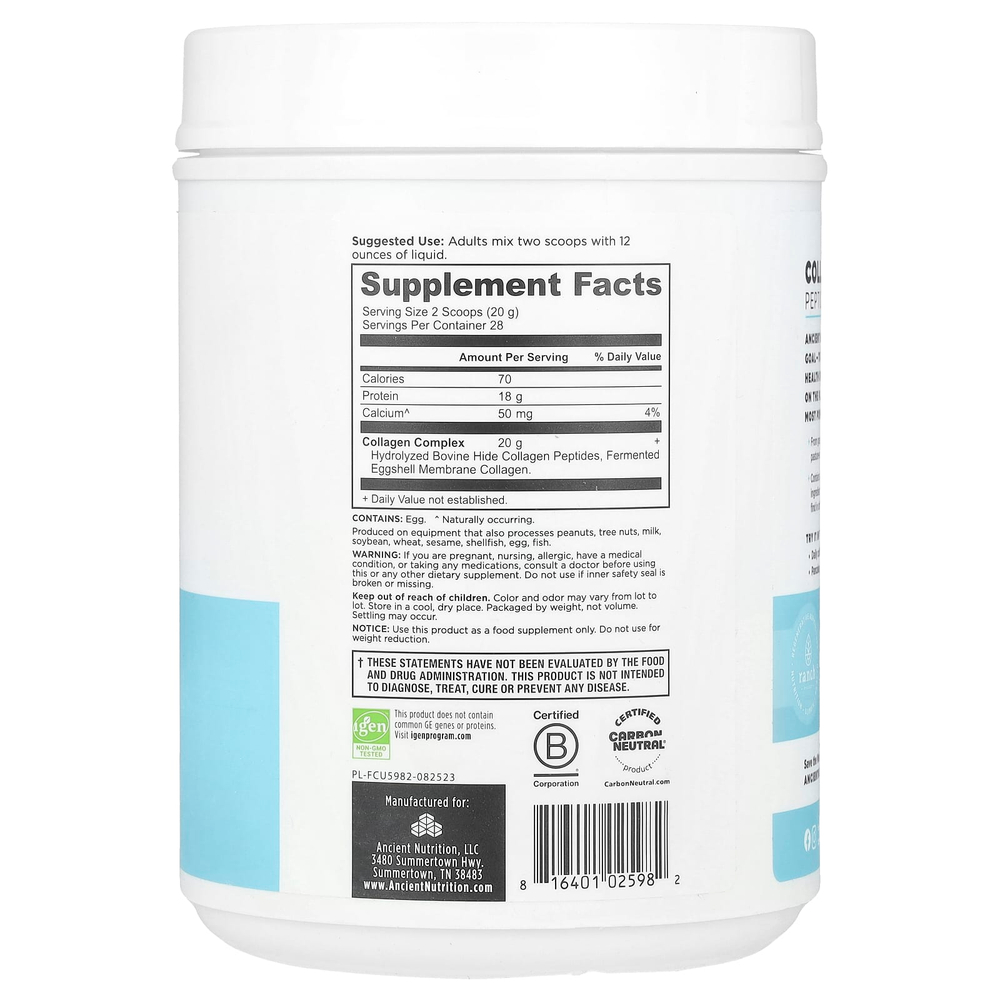 Ancient Nutrition, пептиды коллагена, без добавок, 560 г (1,23 фунта)