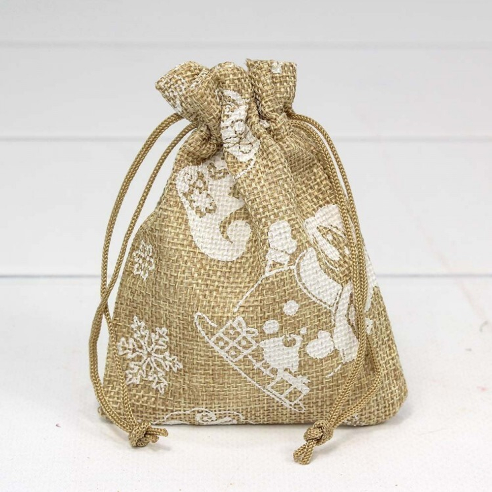 Мешочек 9 х 12 см "Новый год" с рисунком искусственный лен (коричневый)