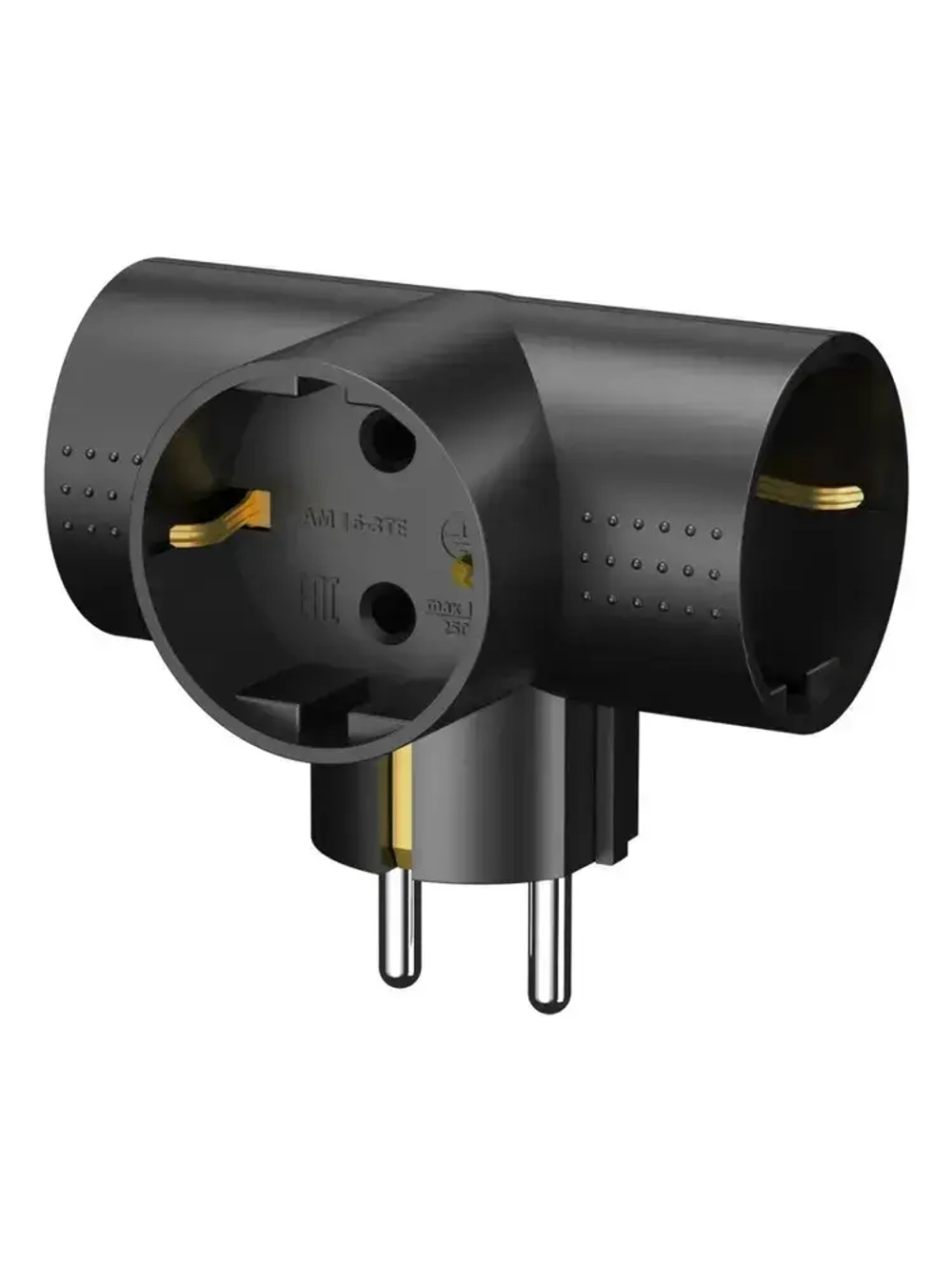 Разветвитель тройник для розетки ФОТОН, Т-образный 16А с заземлением, черный