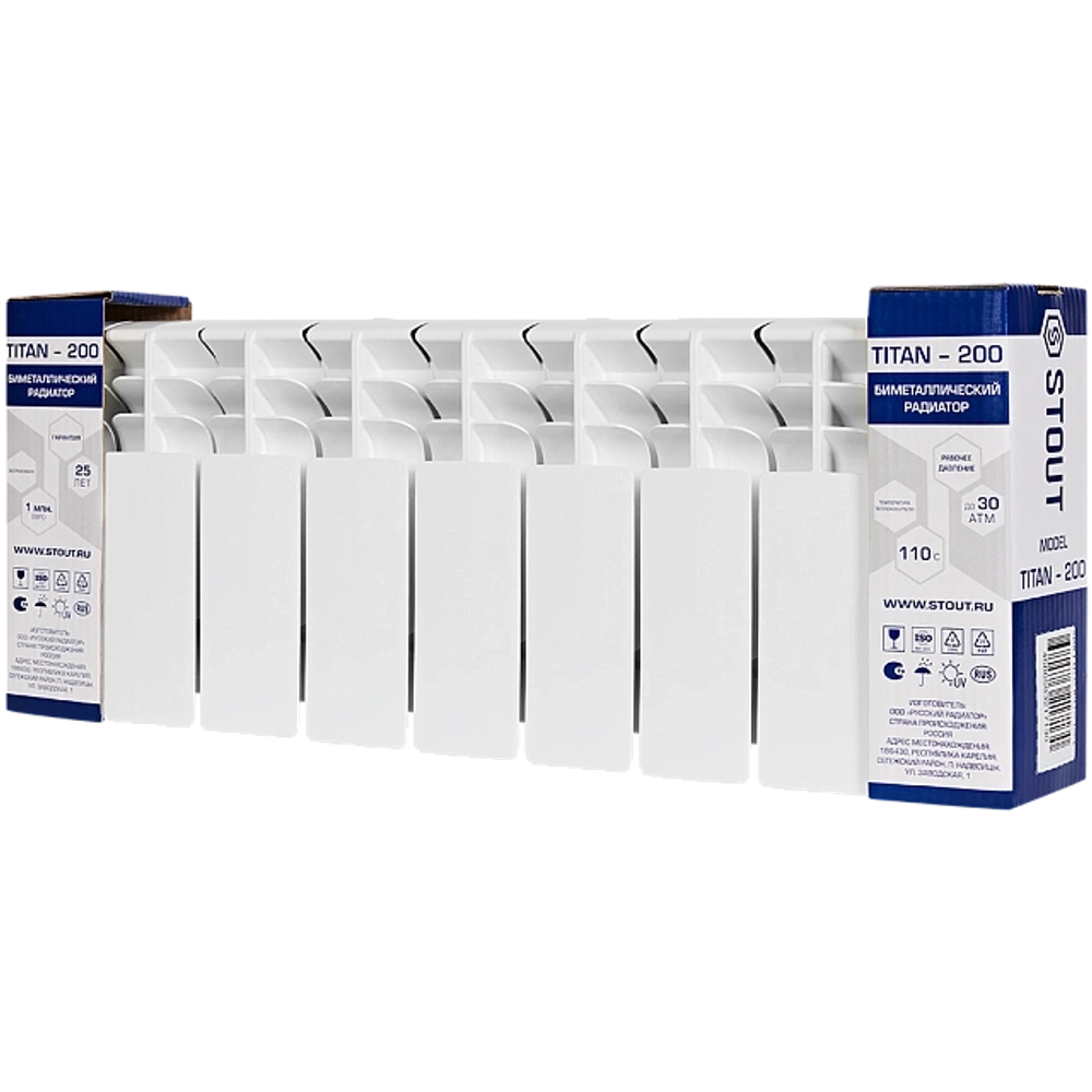 Радиатор биметаллический STOUT TITAN 200 - 9 секций (подключение боковое, цвет белый)